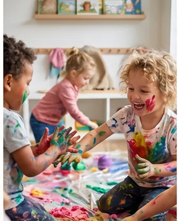 Laughing children with paint on their hands and faces during messy play